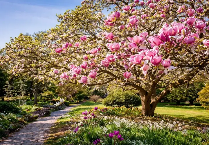 En magnifik magnolia blommar i en lummig trädgård. En stenlagd stig leder förbi blomsterängar. Kanske är det dags att flytta magnolia till en ny plats?
