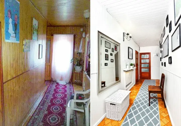 Metamorfoza starej boazerii: z przytulnego korytarza w stylu retro do jasnego, nowoczesnego wnętrza z galerią ścienną.