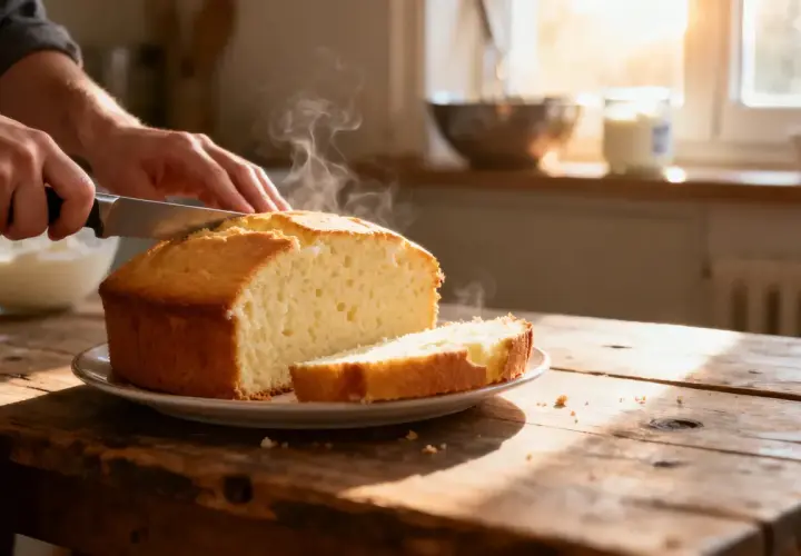 Un délicieux gâteau au yaourt, encore chaud, est coupé en tranches sur une table en bois rustique. La vapeur s'échappe doucement du gâteau.