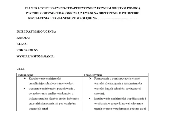 Plan pracy edukacyjno-terapeutycznej ucznia, zawierający cele edukacyjne i terapeutyczne. Przykład oceny pracy nauczyciela wspomagającego.