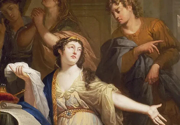 La reina Ester, con lágrimas en los ojos, implora por su pueblo. A su lado, un hombre señala con el dedo, mientras otros rezan. Un día crucial para Santa Ester.