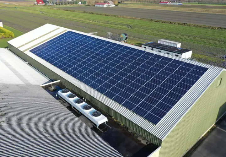 Duży dach z panelami słonecznymi, idealny do magazynowania energii 100 kWh. Cena tej inwestycji może się szybko zwrócić.