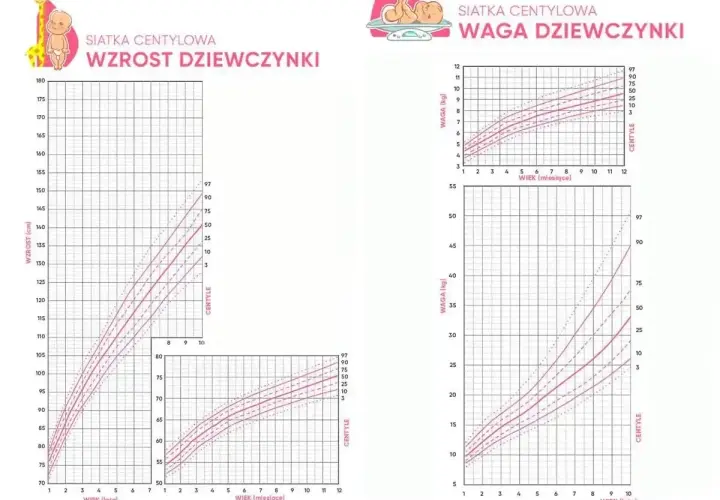 Siatka centylowa wzrostu i wagi dziewczynki, pokazująca normy rozwojowe.