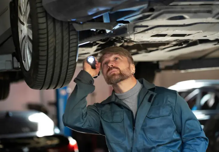 Mechanik bada podwozie auta, szukając uszkodzone jarzmo zacisku objawy.
