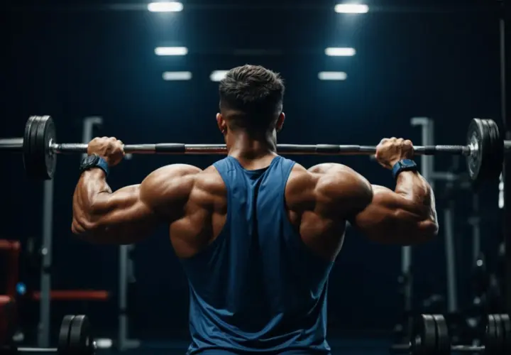 Mięśniak w niebieskiej koszulce podnosi sztangę, demonstrując siłę podczas treningu push pull legs.