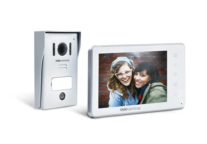 Citófono en España: unidad exterior plateada y monitor interior blanco con dos chicas sonriendo.