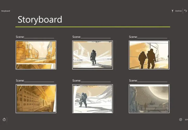 Ein Storyboard zeigt visuell eine Abfolge von Szenen, wie hier mit Astronauten in verschiedenen Umgebungen.