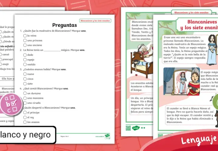 Un cuento de Blancanieves y los siete enanitos con preguntas y actividades sobre la historia.