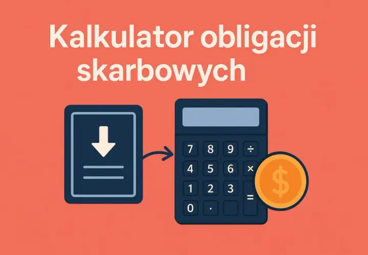 Kalkulator skarbowy pomaga jak obliczyć zysk z obligacji. Ikona pobierania i kalkulator z monetą.