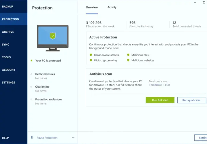 Acronis Backup Wiederherstellen: Die Benutzeroberfläche zeigt den Schutzstatus eines PCs mit aktiver Antiviren- und Ransomware-Abwehr.