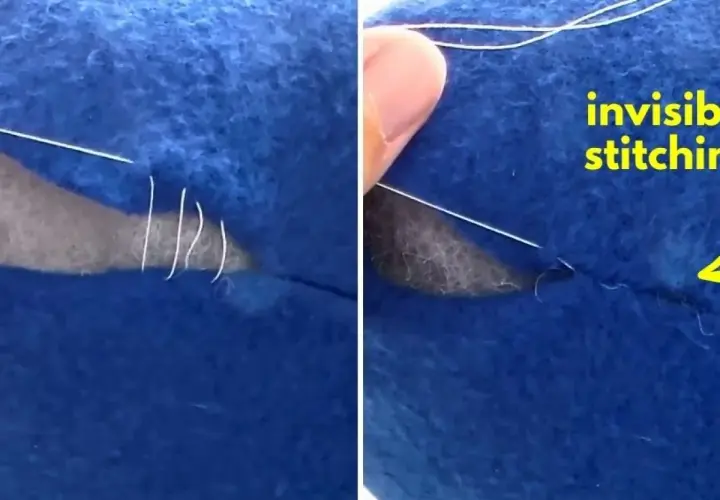 Learn how to do invisible stitch on blue felt. A needle and white thread are shown in action, creating a seamless repair.