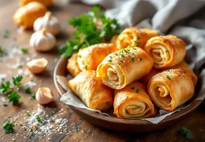 Délicieux rouleaux de pâte filo dorés, parsemés de persil frais. Parfaits pour un apéritif gourmand.