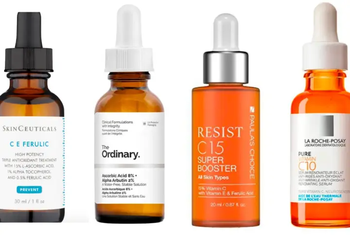 Cuatro sueros faciales con vitamina C, destacando sus beneficios para la piel.