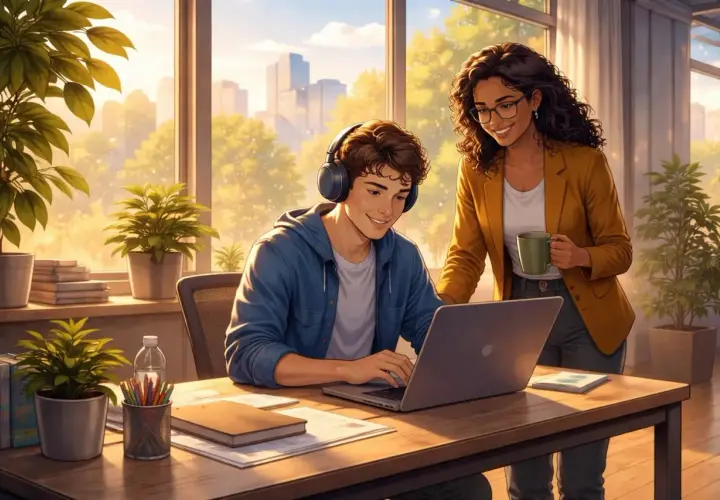 A supportive manager helps her autistic coworker focus on his laptop, creating a positive work environment.