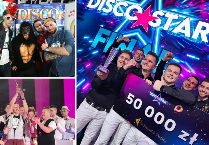 Grupa mężczyzn świętuje zwycięstwo w Disco Star 2026, trzymając czek na 50 000 zł.