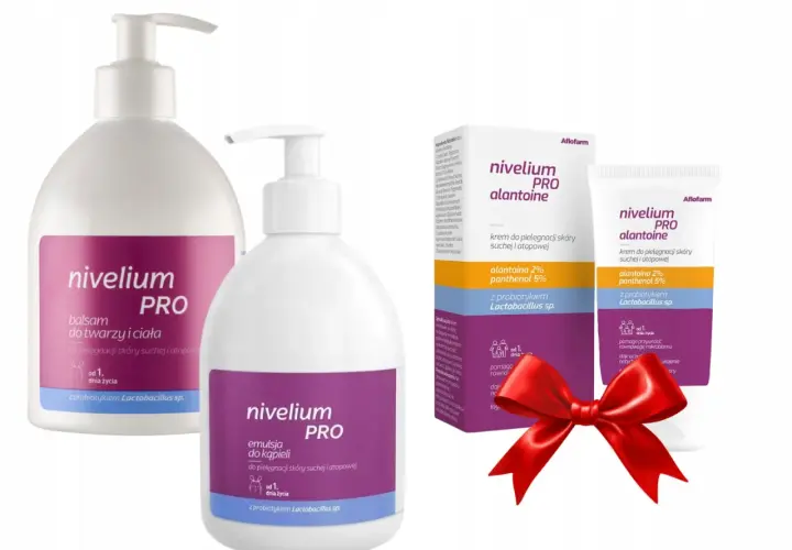 Zestaw produktów Nivelium PRO: balsam, emulsja do kąpieli i krem z alantoiną. Idealne dla skóry suchej i atopowej, od 1. dnia życia.