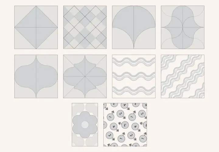 Divers motifs géométriques et abstraits, comme des vagues ou des fleurs, créent un motif qui se répète à l'infini.