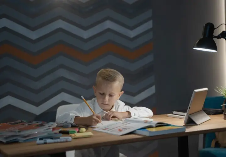 Chłopiec pisze przy biurku, które ma odpowiednie wymiary biurka dla dziecka. Na blacie leżą książki, tablet i lampka.