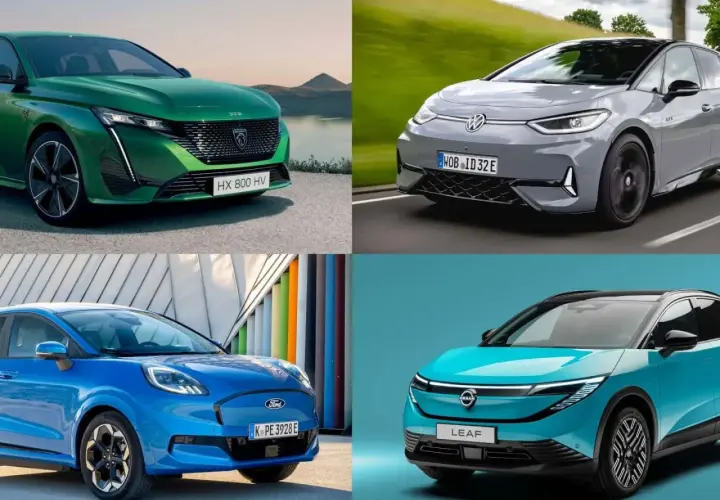 Anteprima delle auto elettriche 2026: Peugeot verde, VW grigia, Ford blu e Nissan Leaf azzurra.