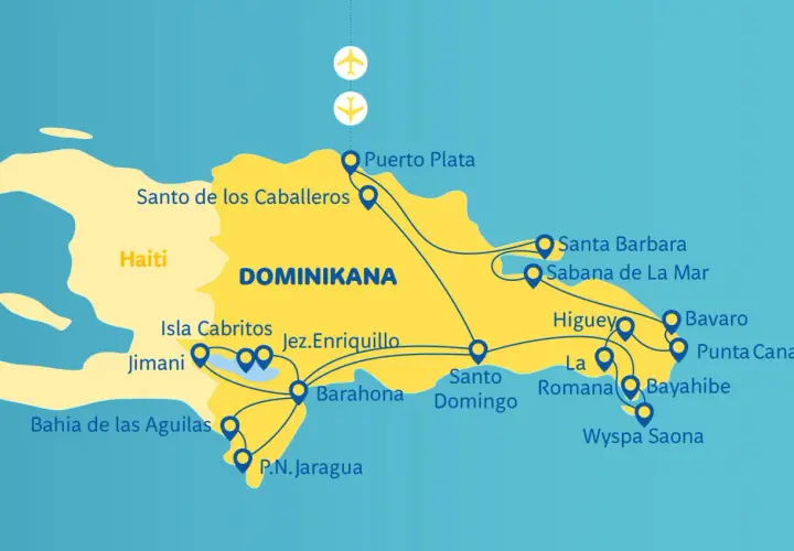 Mapa Dominikany z zaznaczonymi atrakcjami: Puerto Plata, Santo Domingo, Punta Cana. Planujesz podróż? Zobacz, co warto zobaczyć w Dominikanie!