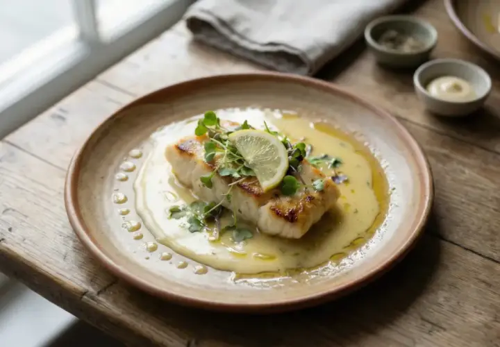 En perfekt tillagad fiskfilé med en krämig beurre blanc-sås, toppad med citron och örter.