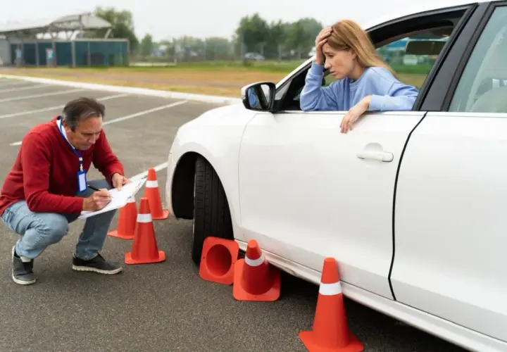 Zestresowana kursantka podczas **testów opiekunka dziecięca** na placu manewrowym. Instruktor notuje jej postępy.