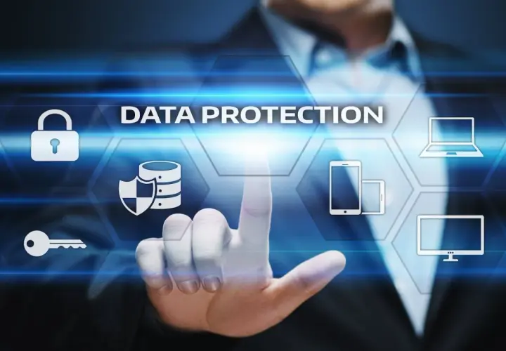 Securing government data storage with a touch. Icons represent data, security, and devices.