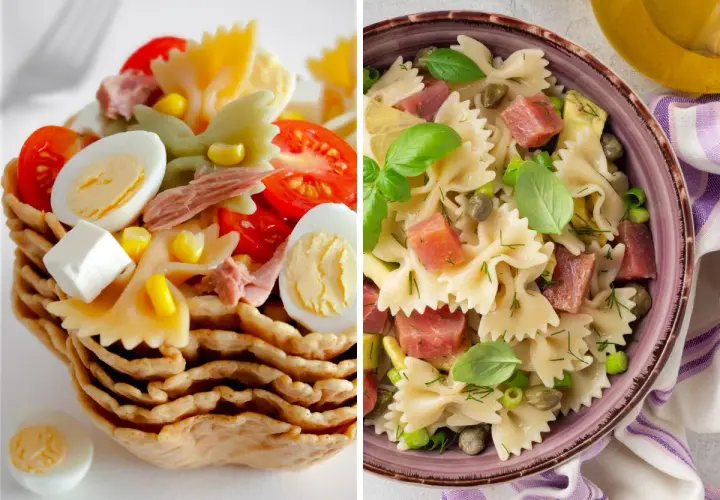 Dos ensaladas de pasta espectaculares: una en cesta crujiente con huevo y tomate, y otra en cuenco con atún, alcaparras y albahaca.