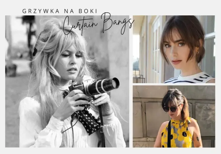 Kolaż zdjęć: Brigitte Bardot z aparatem, Lily Collins i kobieta w żółtej bluzce, wszystkie z grzywką.