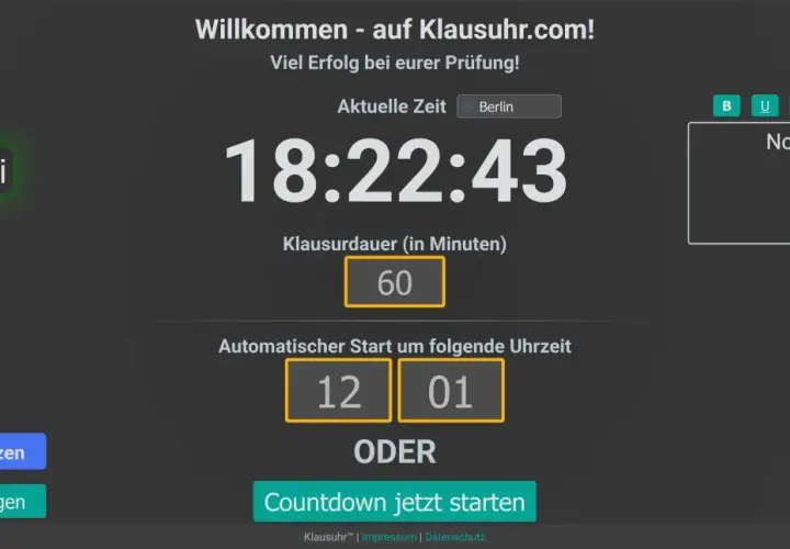Digitale Uhr für eine proctoring klausur mit Countdown, Zeitangabe und Notizfeld.