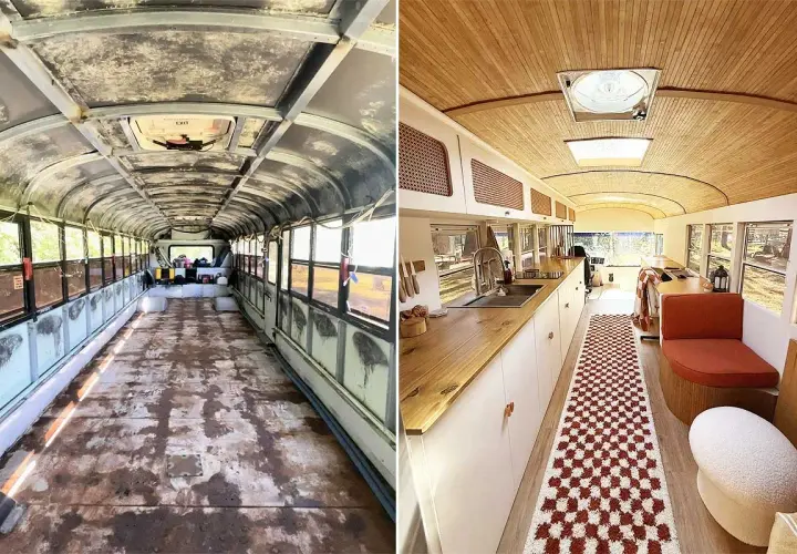 Avant/après : un bus aménagé en habitation confortable, avec cuisine, coin repas et banquette.