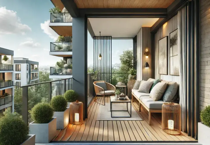 Nowoczesny balkon z wygodną sofą i fotelem. Jak zawiesić lampki na balkonie? Wystarczy postawić je w ozdobnych latarenkach, by stworzyć przytulny klimat.