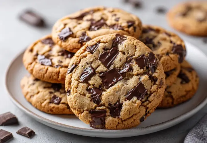 En hög med nybakade chocolate chip cookies, med smält choklad som sticker ut. Perfekt för en fika!