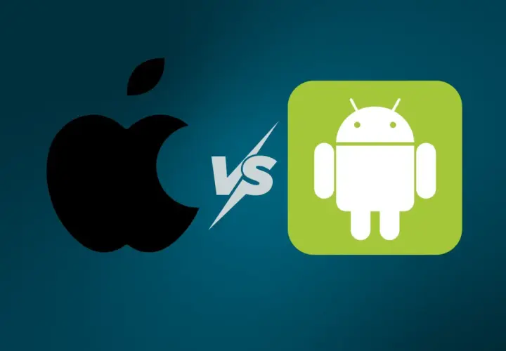 Logo Apple kontra robot Android. Porównanie, czym się różni iPhone od Androida.