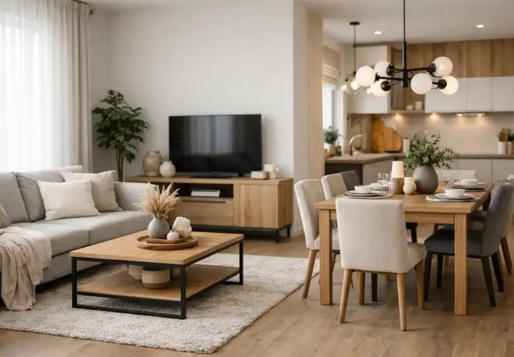 Przytulny, prostokątny salon z jadalnią. Szara sofa, drewniany stolik kawowy i jadalniany stół z krzesłami tworzą ciepłą atmosferę.