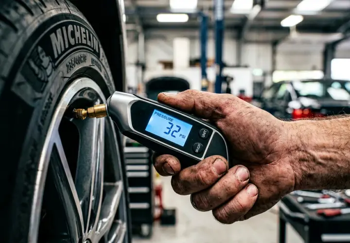 Mano sucia revisa la presión de neumáticos de un coche con un medidor digital que marca 32 PSI.
