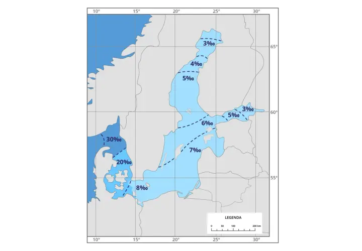 Mapa pokazuje zasolenie Bałtyku. Czy Bałtyk jest słodki? W niektórych miejscach zasolenie jest niskie, np. 3‰, ale w cieśninach duńskich sięga 30‰.
