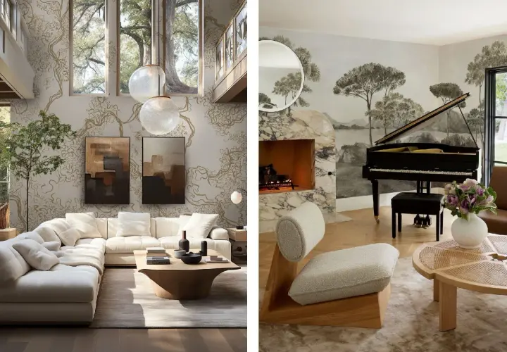 Ett lyxigt vardagsrum med en stor soffa, konst och ett piano. Vacker tapet med naturmotiv.