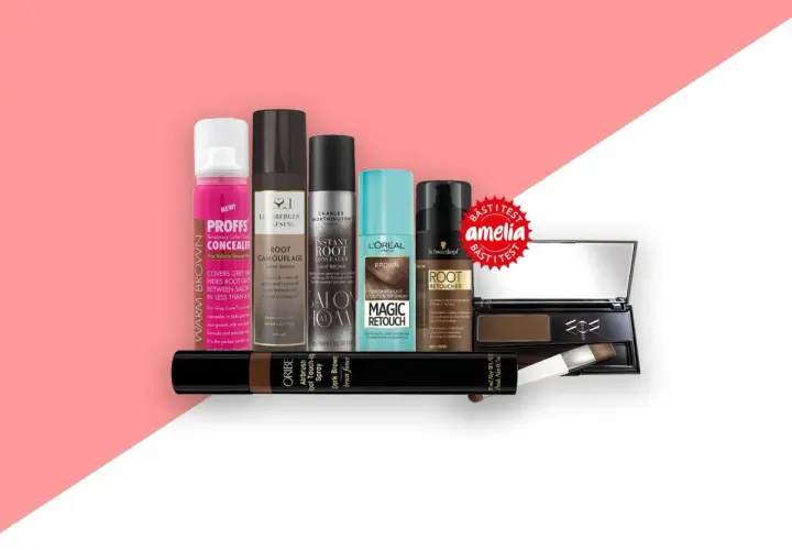 En samling produkter för att täcka utväxt och grått hår, inklusive Toppik Root Touch Up Spray.