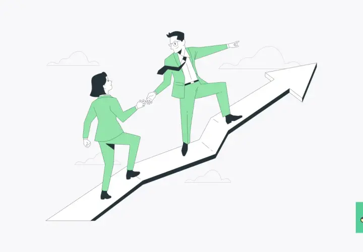 A leader extends a hand to help a colleague ascend an upward-trending arrow, embodying resonant leadership and shared growth.