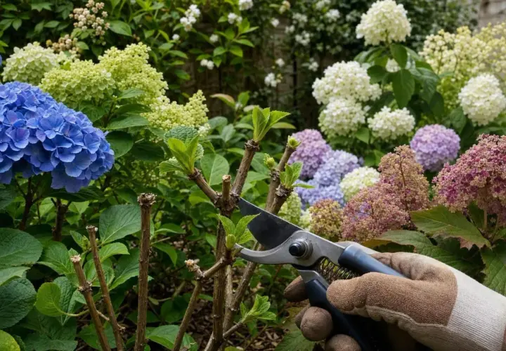Un jardinier taille des hortensias aux couleurs vives, prêts pour quand fleurissent les hortensias.