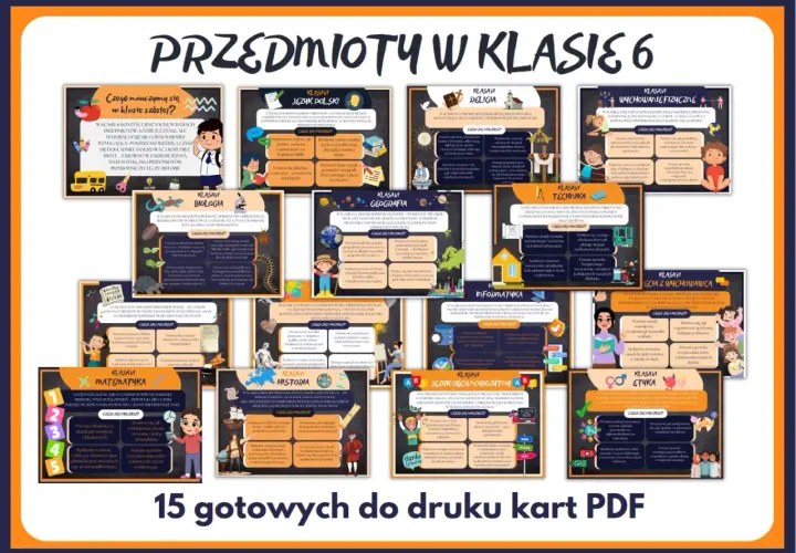 Przedmioty w klasie 6: język polski, matematyka, biologia, geografia, historia, technika, informatyka, wychowanie fizyczne, etyka, religia, języki obce.