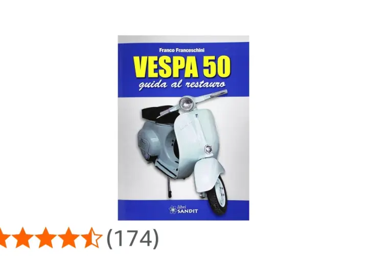 Copertina libro "Vespa 50: guida al restauro" con una Vespa 50 azzurra in primo piano.