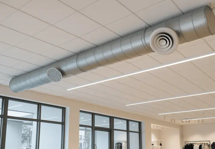 Conductos metálicos para sistemas de ventilación y extracción de aire, visibles en un techo suspendido con iluminación lineal.