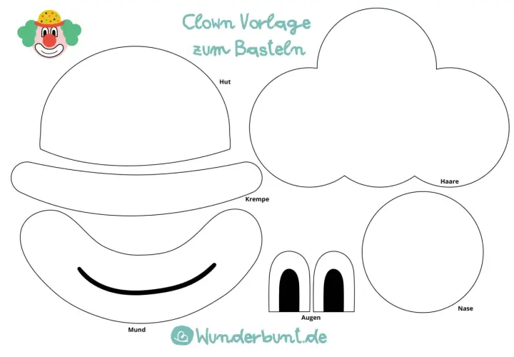 Bastelvorlage: Teile für einen Clown zum Ausschneiden und Zusammenkleben – Hut, Krempe, Haare, Nase, Augen und Mund.