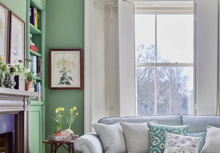 A cozy living room with country contemporary furniture, featuring a green bookshelf, fireplace, and a plush sofa adorned with patterned pillows.