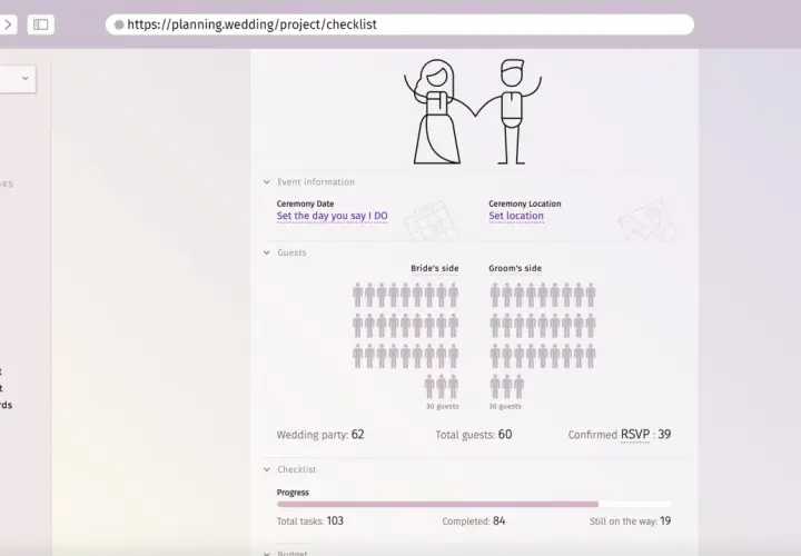 Interface de planification de mariage. La page "Checklist" affiche les préparatifs, le nombre d'invités et les tâches restantes.