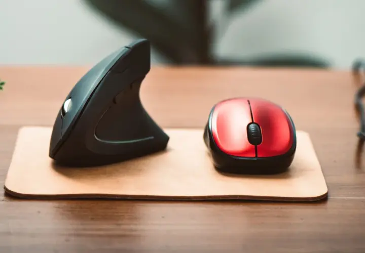 Dwa rodzaje mysz: ergonomiczna pionowa i klasyczna czerwona, leżące na drewnianym biurku.