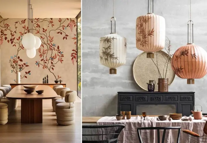 Décoration de salle à manger avec un motif chinois floral sur le mur de gauche et des lanternes décoratives de style asiatique à droite.