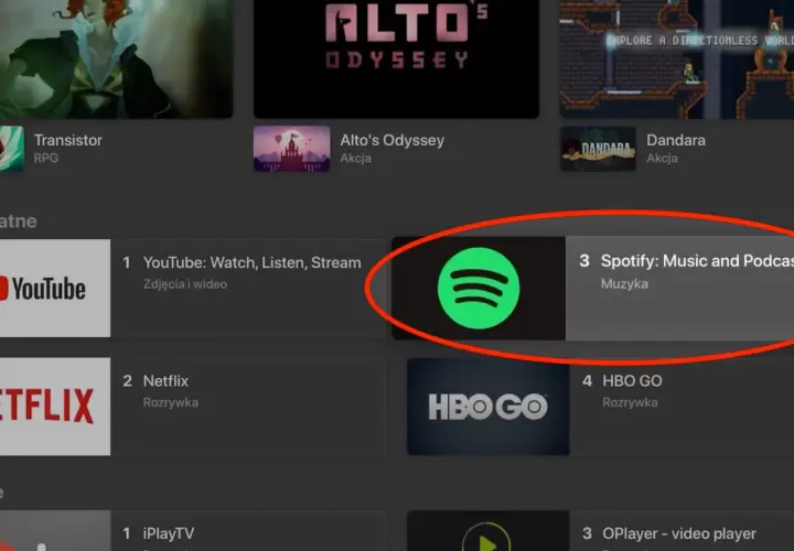 Ikona Spotify na liście aplikacji telewizyjnych, obok YouTube i Netflix.